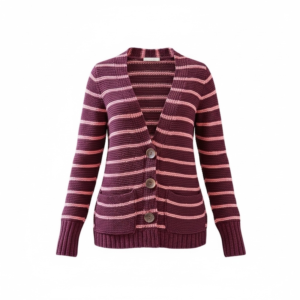 Free People Coastal‎ Beach Chunky Knit Long Cardigan Maroon & Pink Stripe - XS